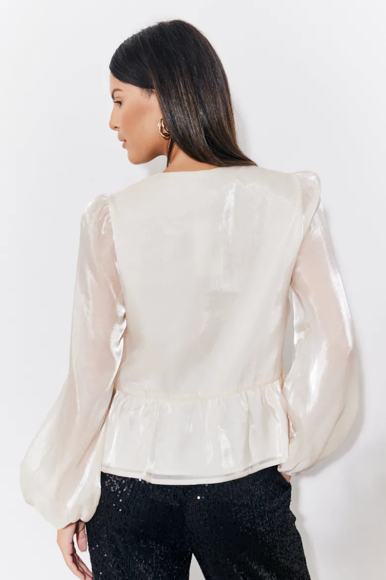 Cream Organza Tie Front Puff Sleeve Top