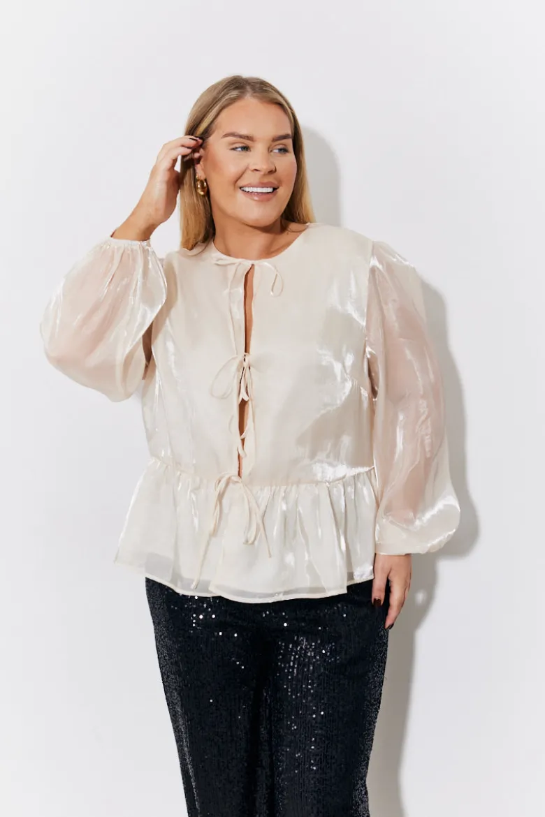 Cream Organza Tie Front Puff Sleeve Top