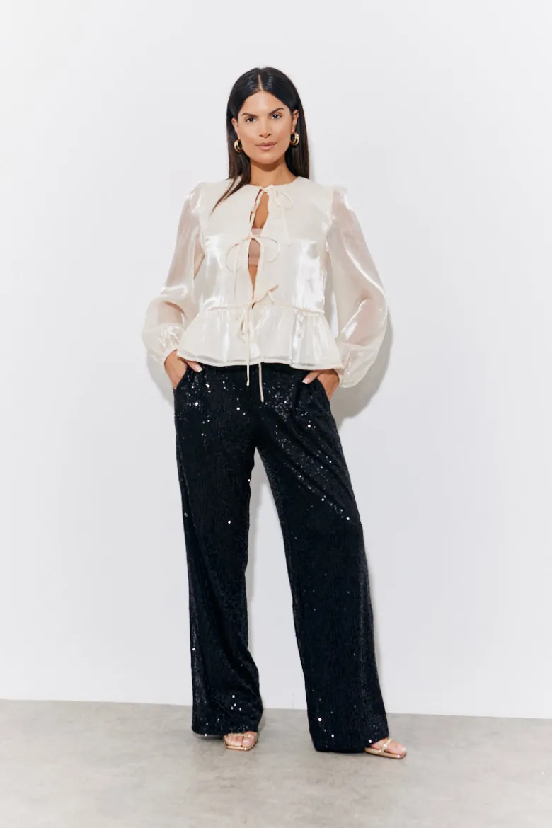 Cream Organza Tie Front Puff Sleeve Top