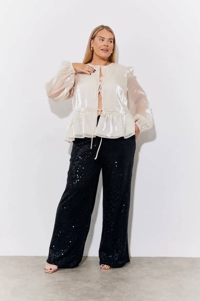 Cream Organza Tie Front Puff Sleeve Top