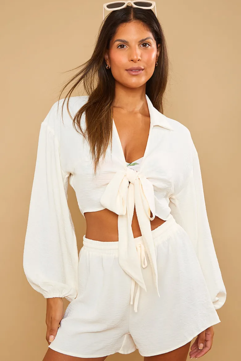 Cropped Tie Front Co-Ord Shirt
