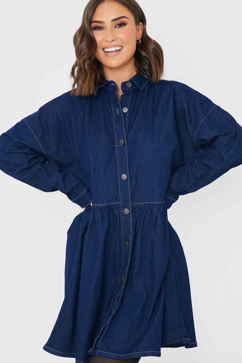 Dark Wash Denim Mini Smock Shirt Dress