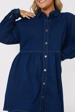 Dark Wash Denim Mini Smock Shirt Dress