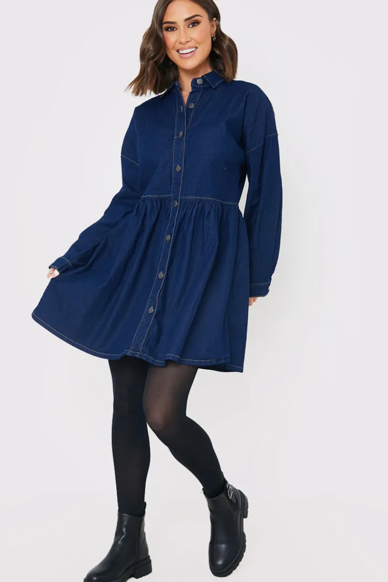 Dark Wash Denim Mini Smock Shirt Dress