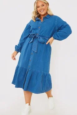 Denim Belted Tiered Midaxi Shirt Dress