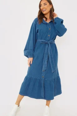 Denim Belted Tiered Midaxi Shirt Dress