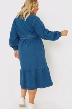 Denim Belted Tiered Midaxi Shirt Dress