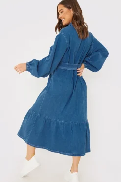 Denim Belted Tiered Midaxi Shirt Dress