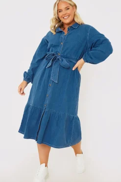 Denim Belted Tiered Midaxi Shirt Dress