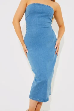 Denim Slim Fit Bandeau Midi Dress