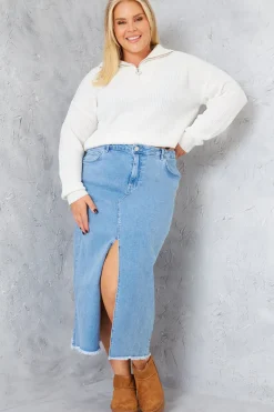 Denim Split Detail Midi Skirt