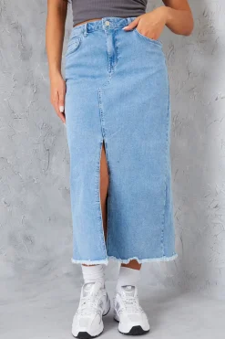 Denim Split Detail Midi Skirt