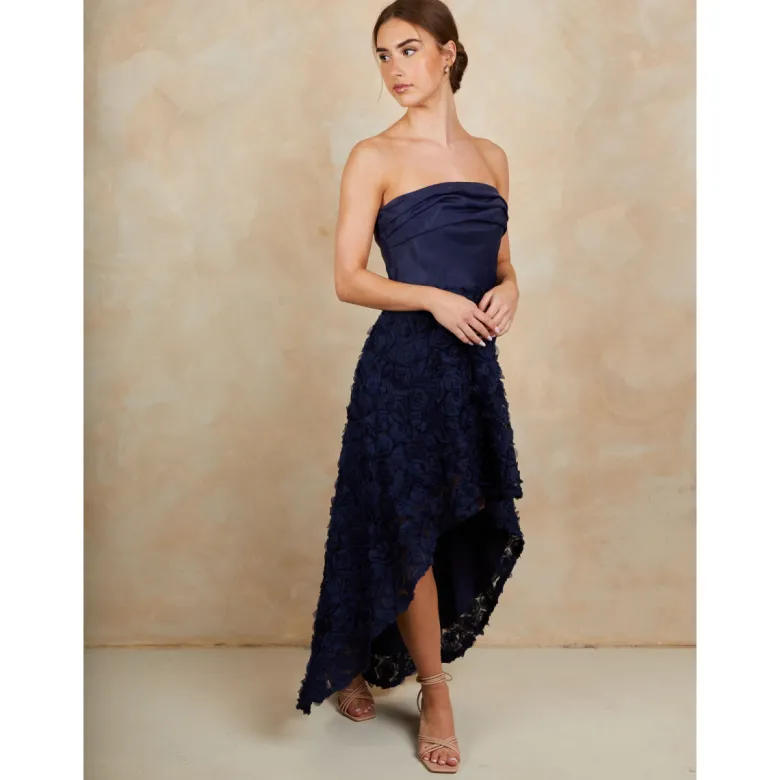 3D Floral Dip Hem Dress in Navy