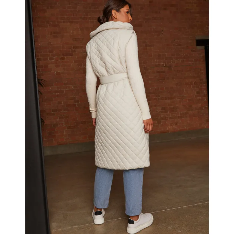 Diamond Quilted Longline Belted Gilet in Cream