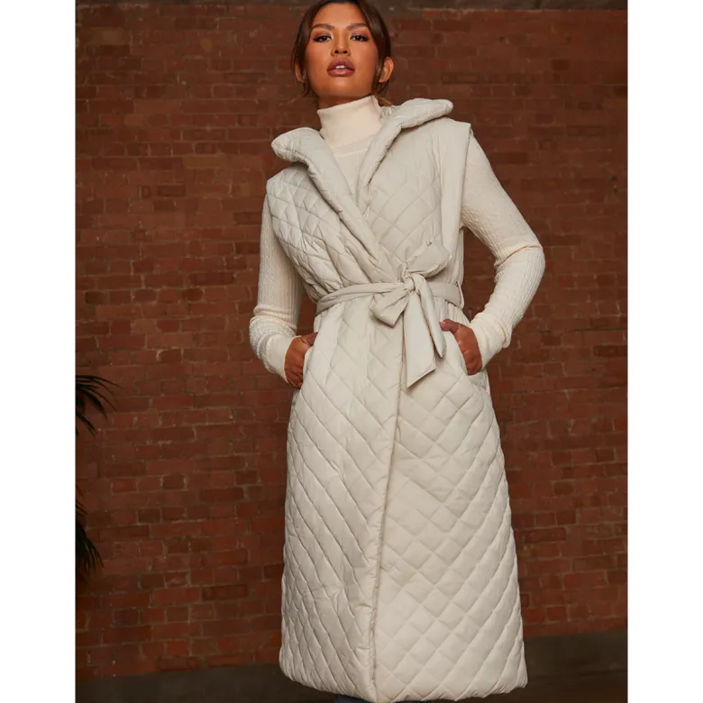 Diamond Quilted Longline Belted Gilet in Cream
