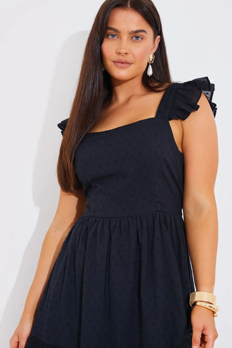 Dobby Frill Strap Tie Back Detail Tiered Midi Dress