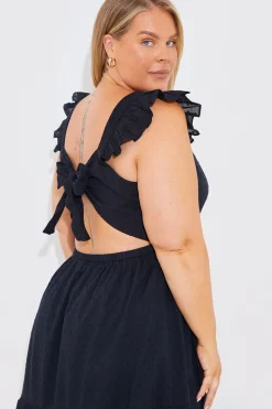 Dobby Frill Strap Tie Back Detail Tiered Midi Dress