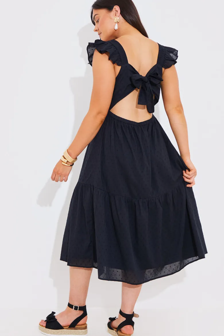 Dobby Frill Strap Tie Back Detail Tiered Midi Dress