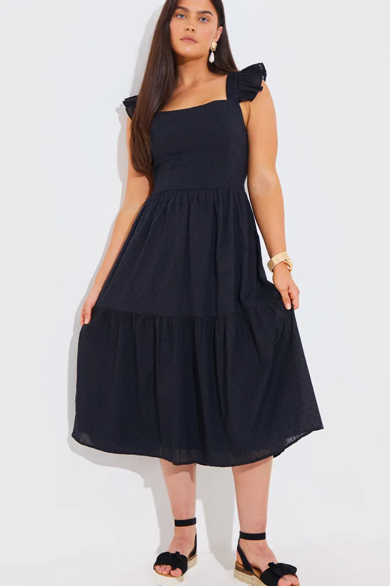Dobby Frill Strap Tie Back Detail Tiered Midi Dress