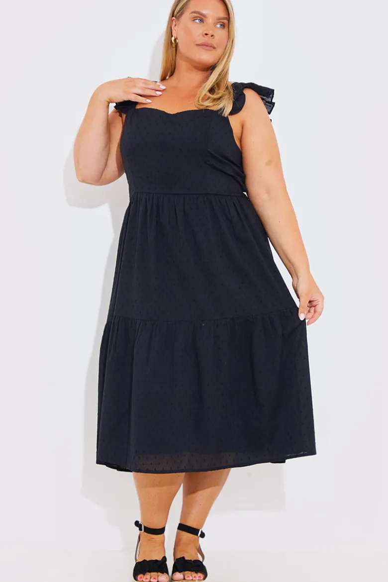 Dobby Frill Strap Tie Back Detail Tiered Midi Dress