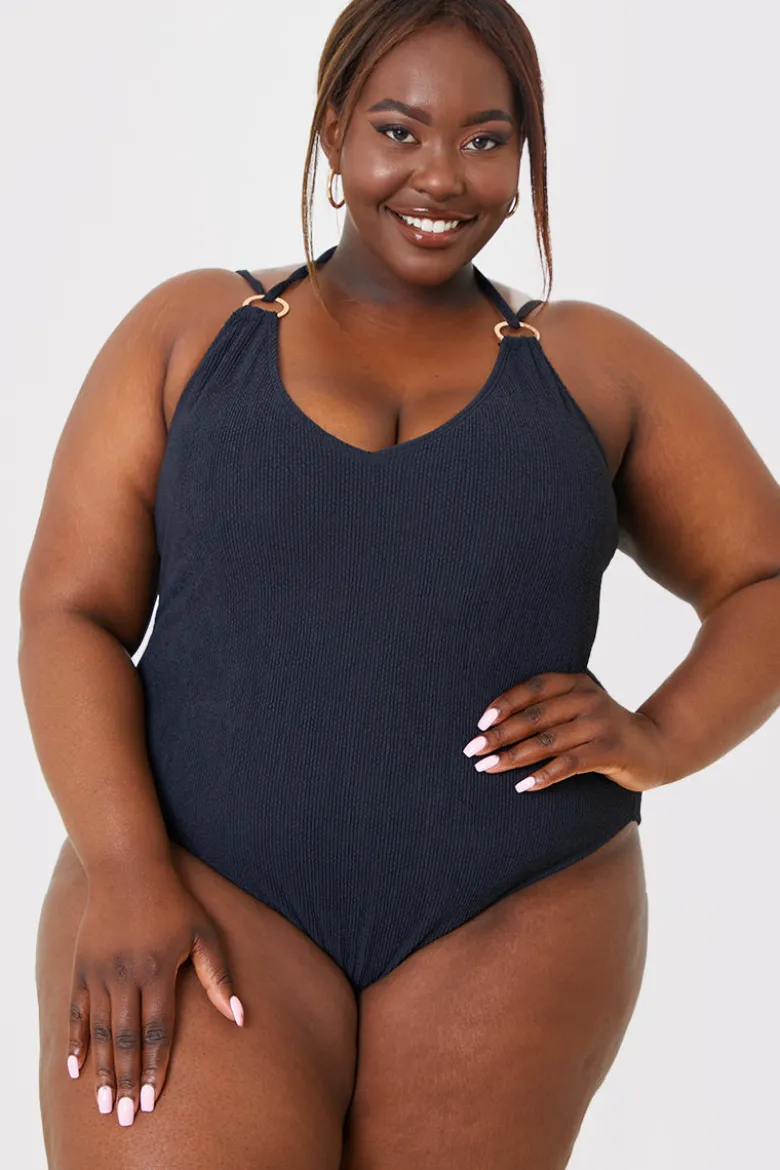 Double Strap Ring Detail Control Crinkle Swimsuit
