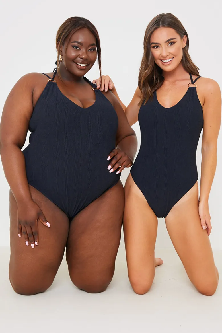 Double Strap Ring Detail Control Crinkle Swimsuit