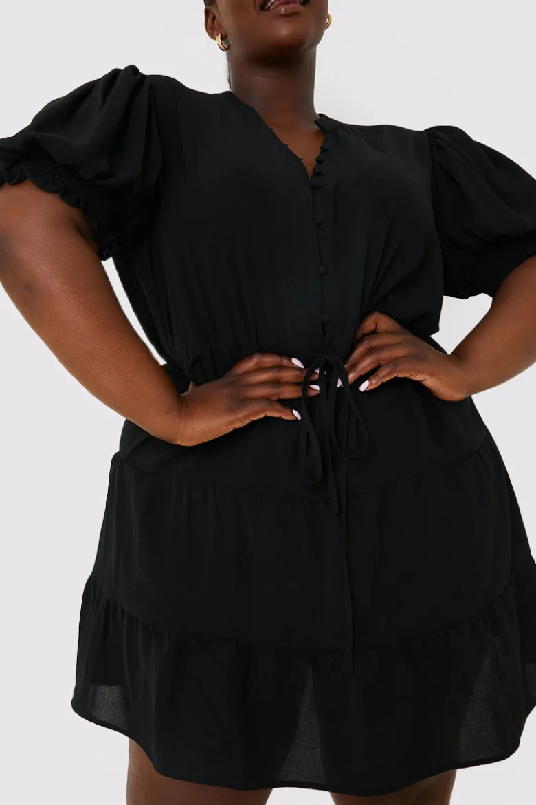 Drawstring Waist Balloon Sleeve Mini Dress