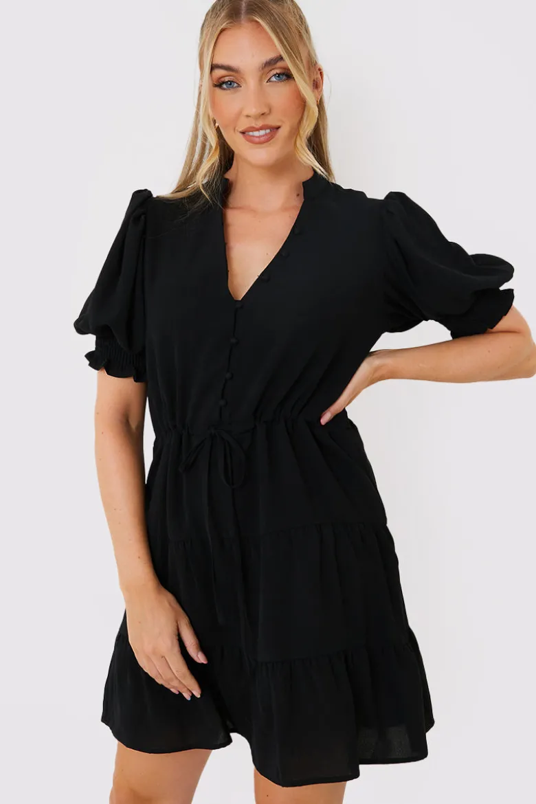 Drawstring Waist Balloon Sleeve Mini Dress