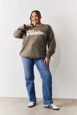 Embroidered Boston Slogan Crew Neck Sweater