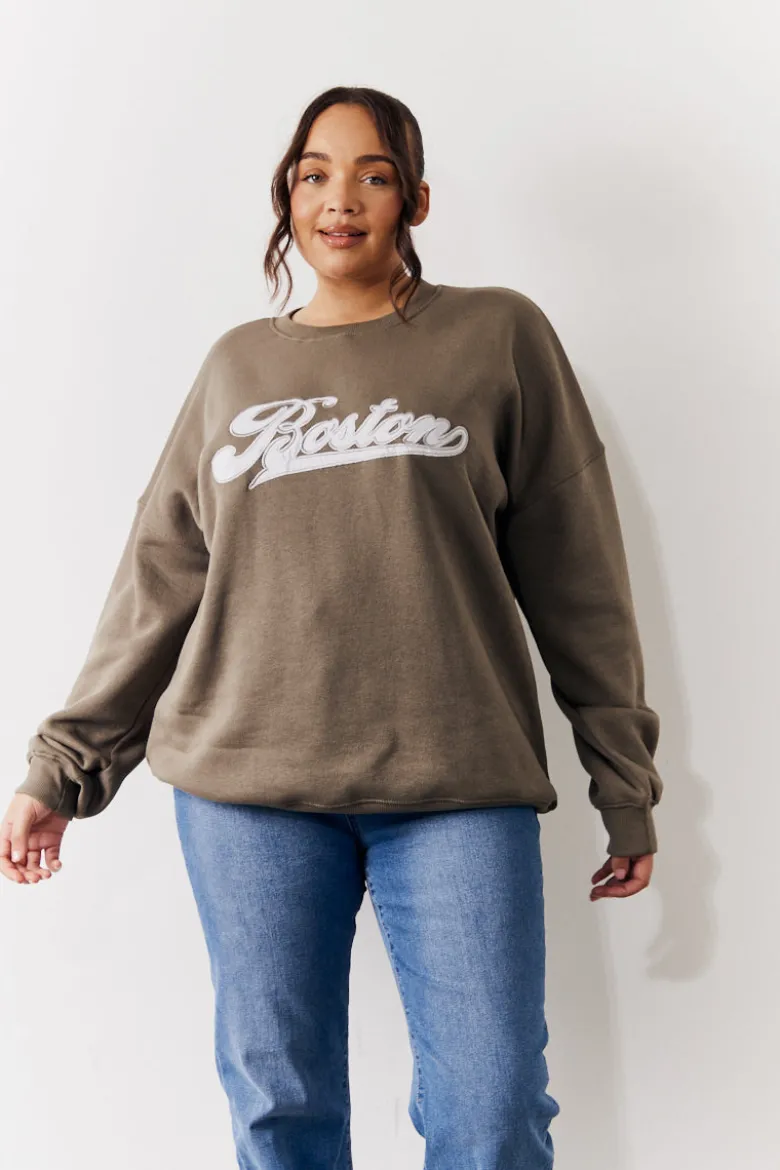 Embroidered Boston Slogan Crew Neck Sweater