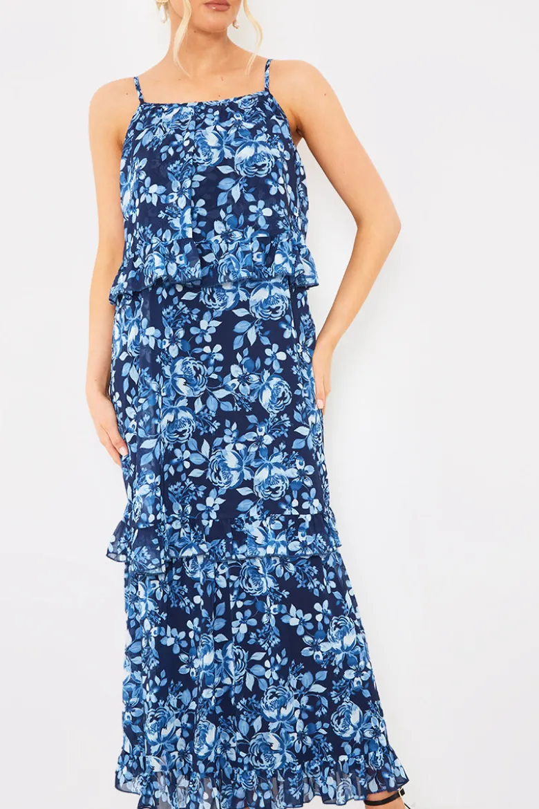 Floral Chiffon Tiered Frill Detail Midaxi Dress
