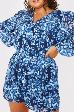 Floral Chiffon Wrap Belted Balloon Sleeve Playsuit