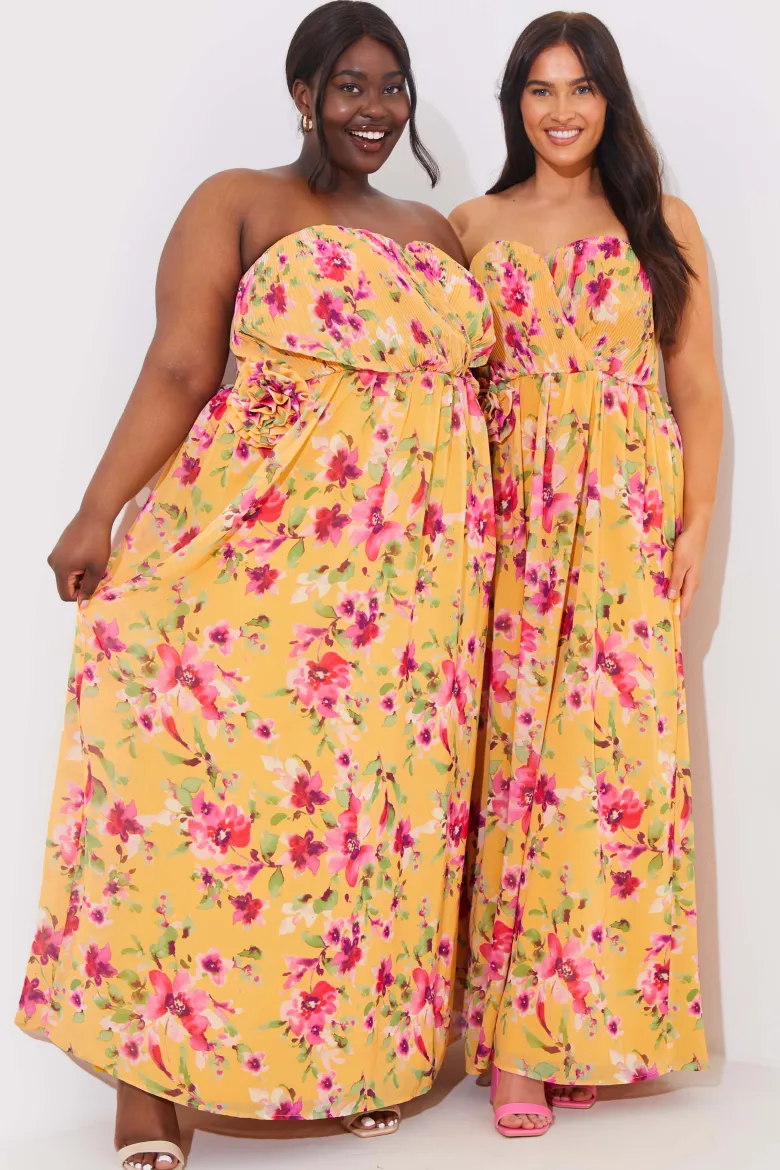 Floral Plisse Bandeau Maxi Dress With Removable Corsage