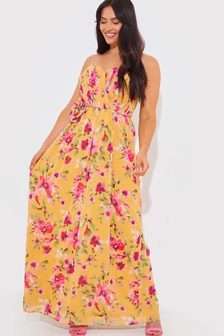 Floral Plisse Bandeau Maxi Dress With Removable Corsage