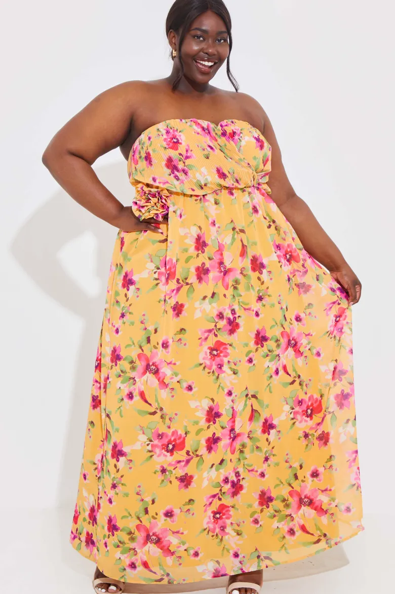 Floral Plisse Bandeau Maxi Dress With Removable Corsage