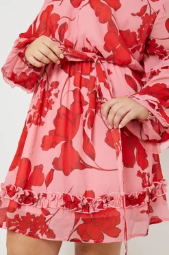 Floral Printed Chiffon Frill Detail Balloon Sleeve Mini Dress