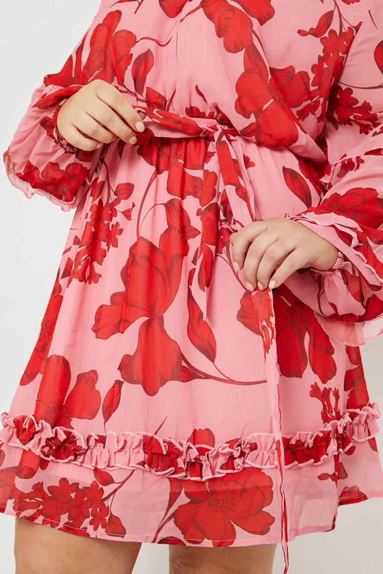 Floral Printed Chiffon Frill Detail Balloon Sleeve Mini Dress
