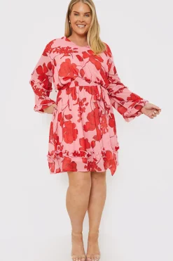 Floral Printed Chiffon Frill Detail Balloon Sleeve Mini Dress