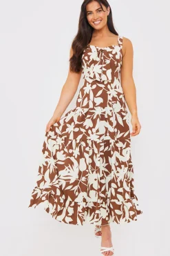 Floral Printed Tie Bust Tiered Maxi Dress