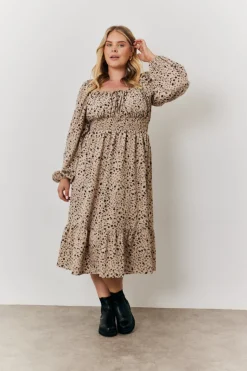Floral Printed Tiered Midi Dress with Ruched Bust and Tie Front Detail
