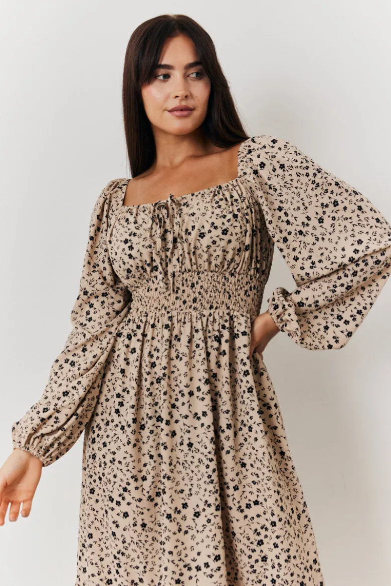 Floral Printed Tiered Midi Dress with Ruched Bust and Tie Front Detail