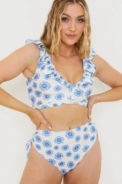 Floral Print High Waisted Bikini Bottoms With Ruched Sides
