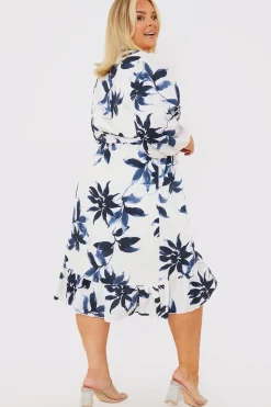 Floral Print Long Sleeve Wrap Frill Detail Midi Dress