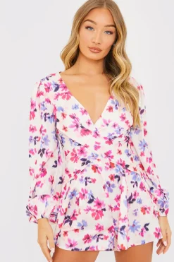 Floral Print Twist Front Balloon Sleeve Playsuit