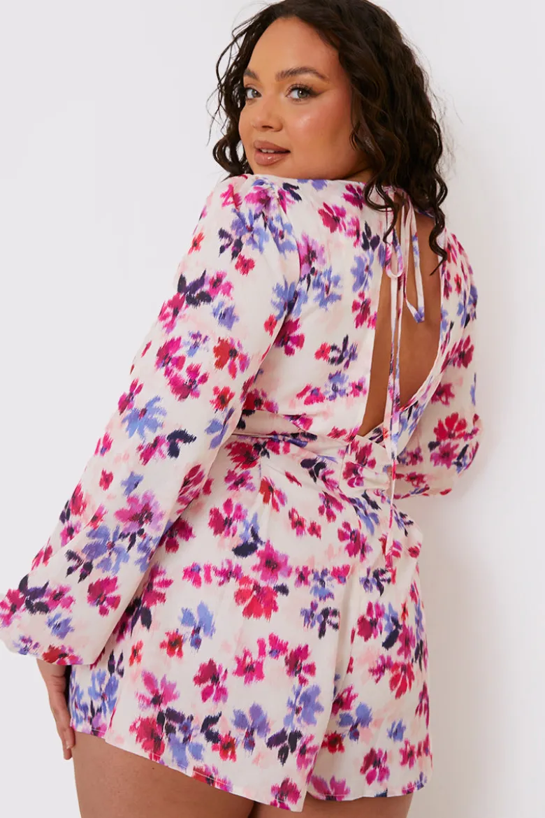 Floral Print Twist Front Balloon Sleeve Playsuit