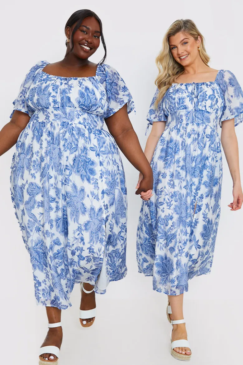 Floral Puff Sleeve Sweetheart Midi Dress