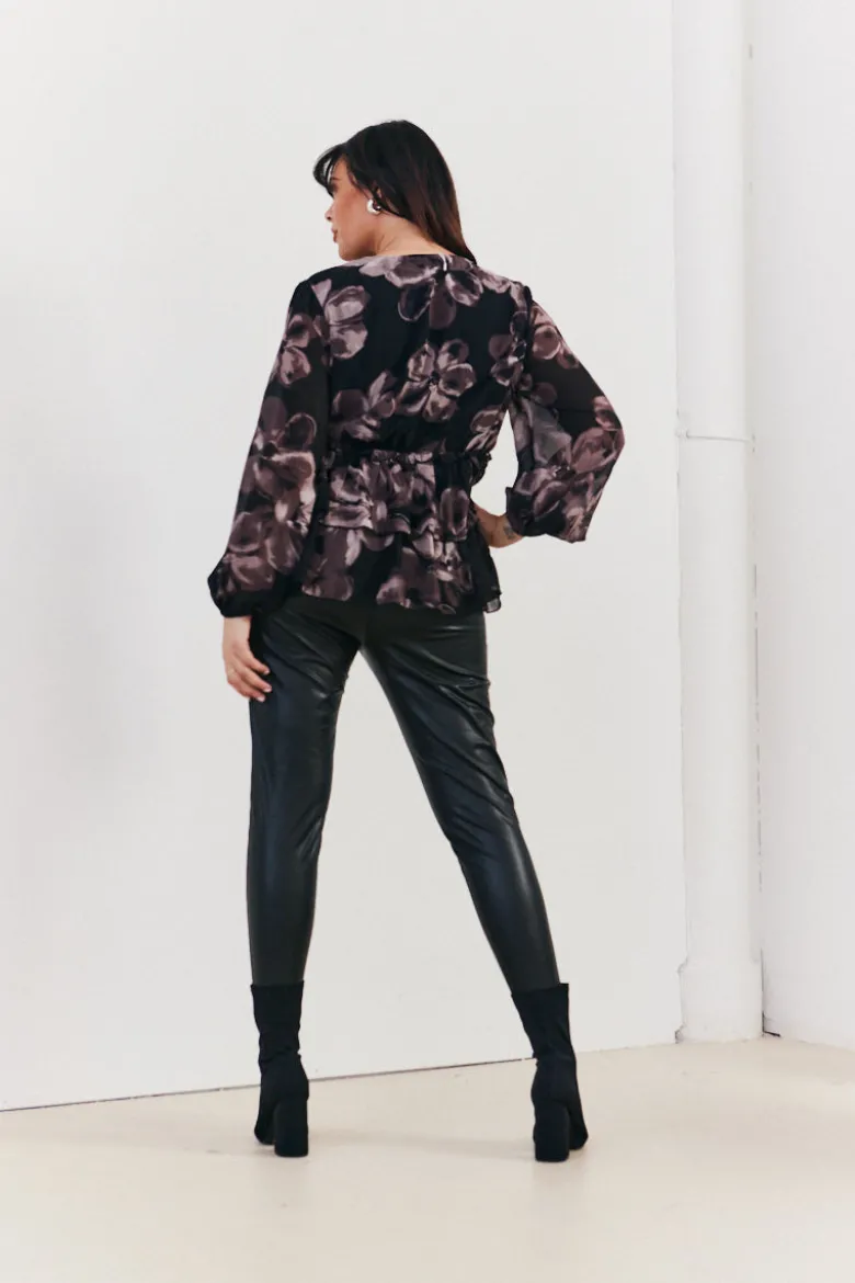 Floral V Neck Frill Detail Blouse