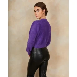 Fluffy Yarn Knitted Cardigan in Purple