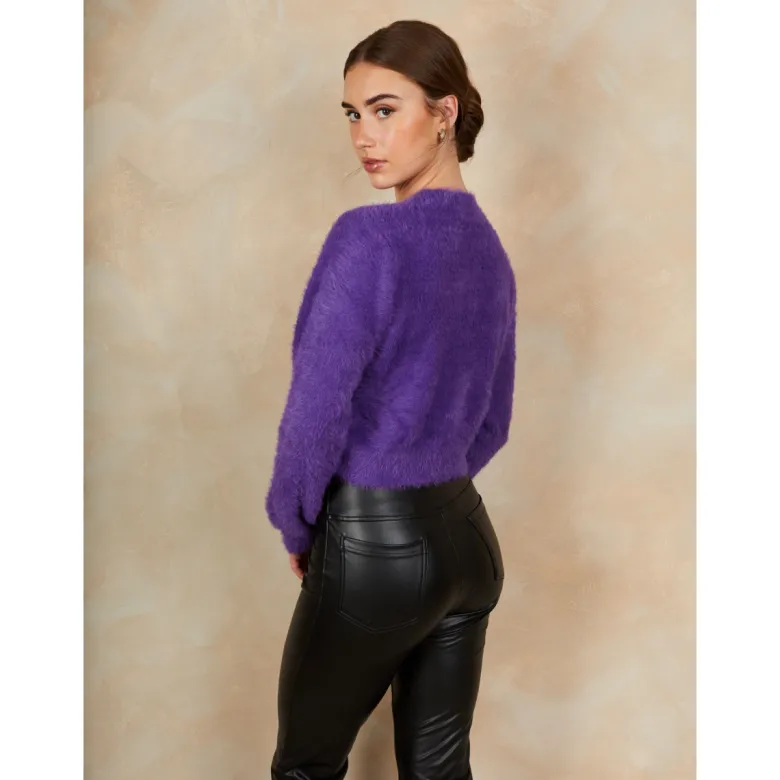Fluffy Yarn Knitted Cardigan in Purple