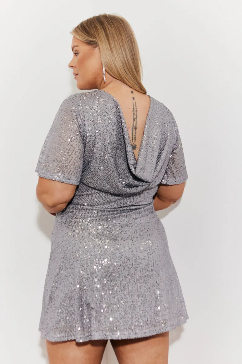 Flutter Sleeve Cowl Back Sequin Mini Dress